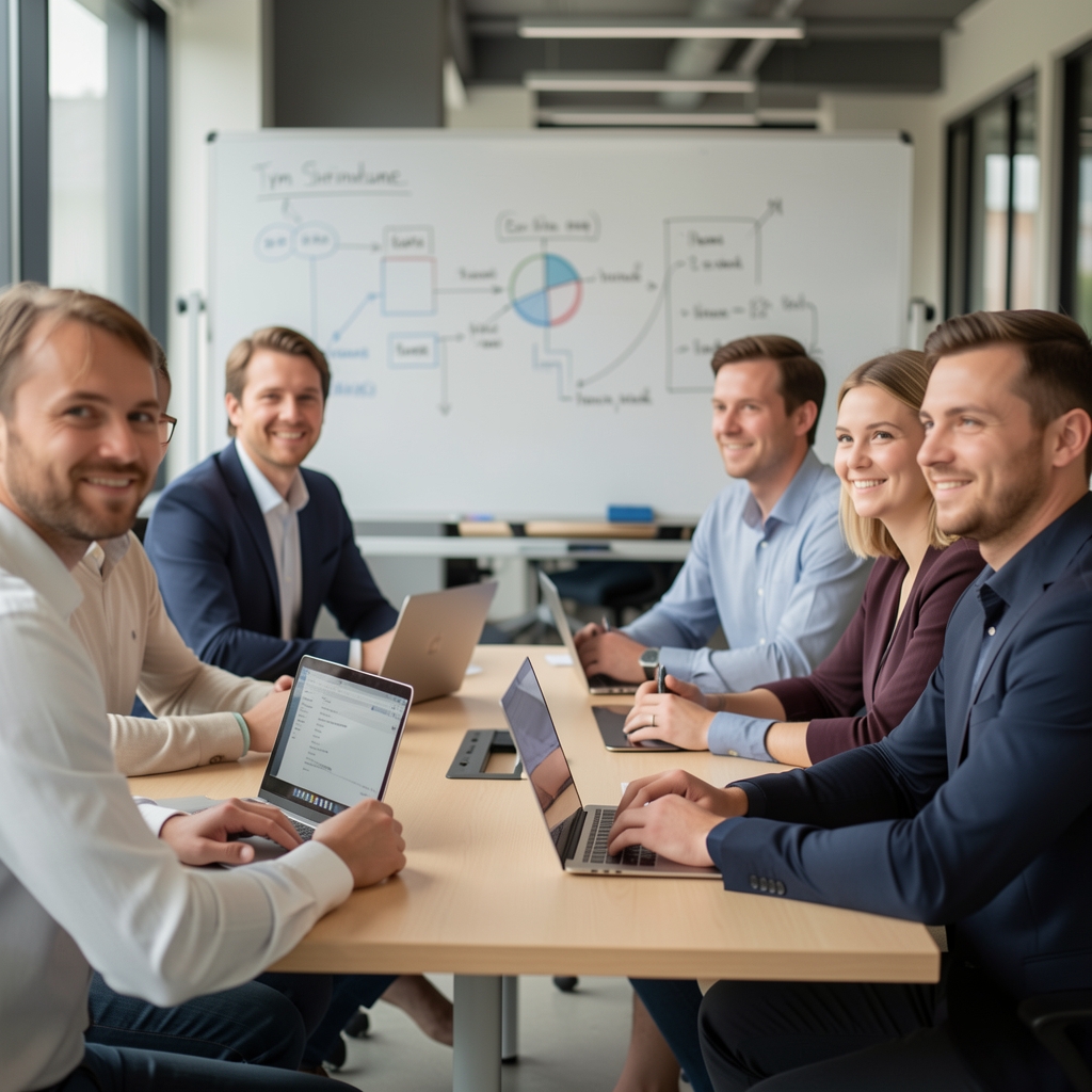 Tým Stofindune – šest profesionálů v moderní open-space kanceláři diskutující kolem stolu s notebooky a whiteboardem plným diagramů