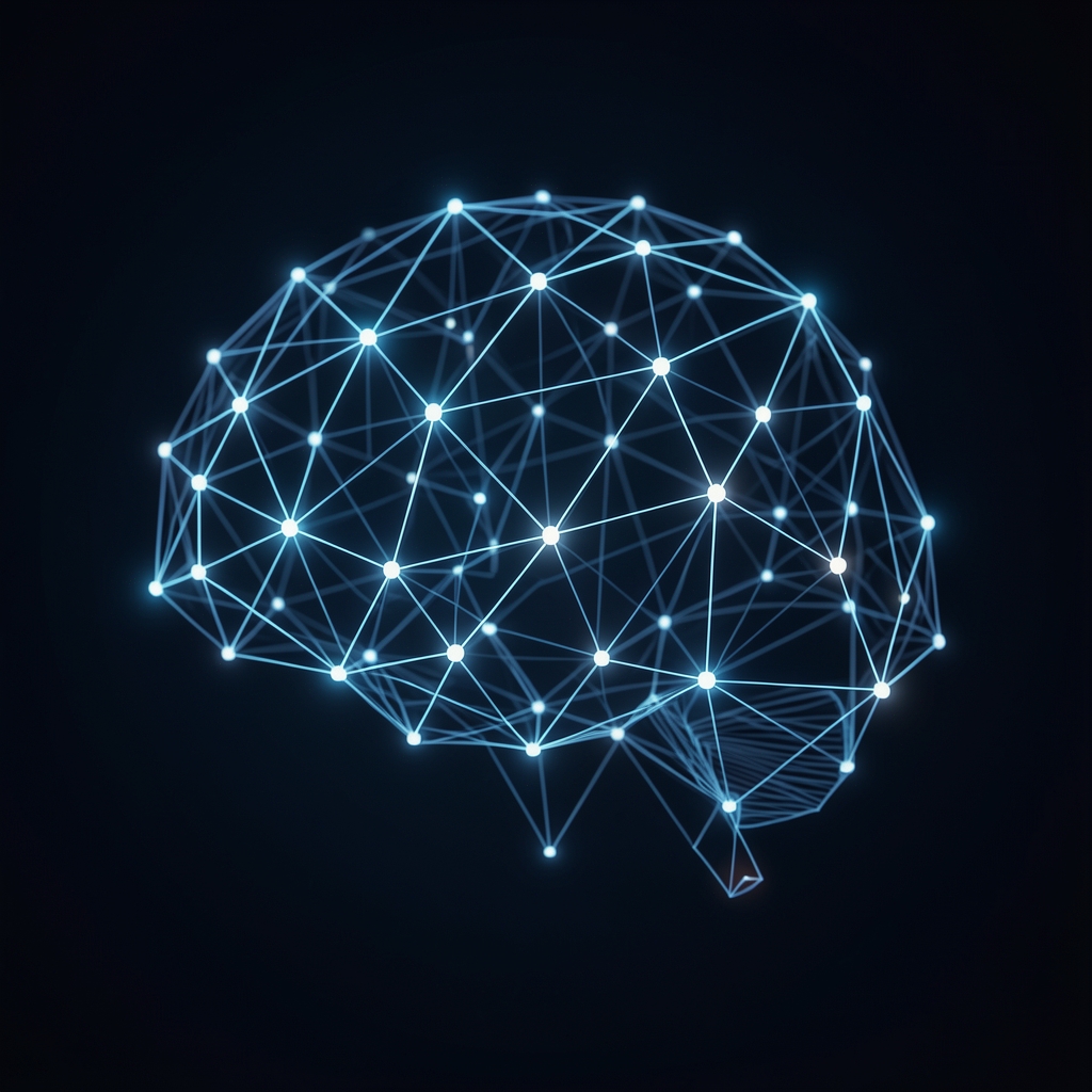 Vizualizace neuronové sítě jako svítící propojené uzly na tmavém pozadí, abstraktní technologická grafika