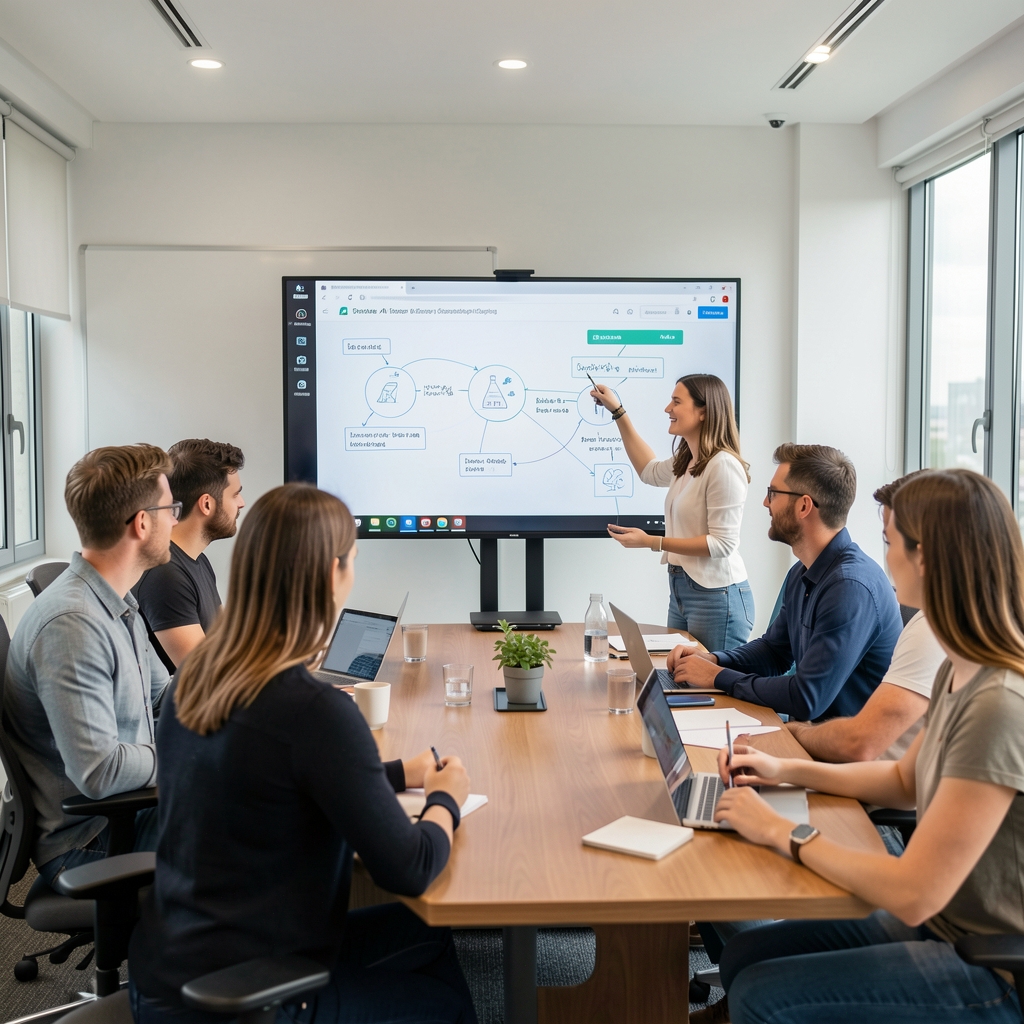 Tým zaměstnanců na firemním AI workshopu — lektoři vedou interaktivní cvičení u velkého monitoru v moderní zasedací místnosti