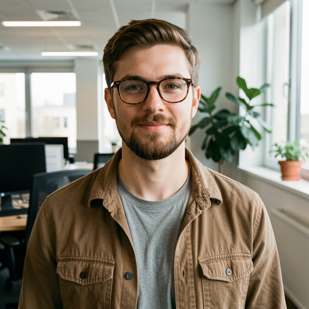 Ondřej Krejčí — datový vědec v tmavém tričku s notebookem, neformální profesionální portrét v tech kanceláři